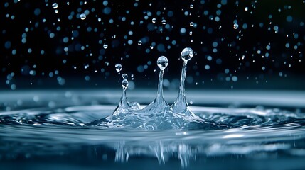 Slow-motion capture of water droplets mid-splash, each droplet suspended in the air, symbolizing the potential energy and dynamic power of water in motion. 