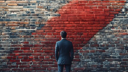 A corporate professional facing a brick wall with Tariffs boldly painted on its surface, illustrating a visual metaphor for a trade war. The businessman appears to be contemplating strategies 