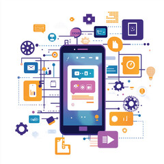 Colorful Illustration of Mobile App Interface and Digital Connections Concept