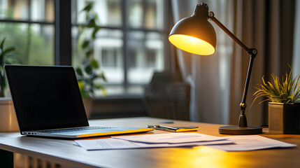 A professional workspace with a desk lamp illuminating important business papers and a laptop