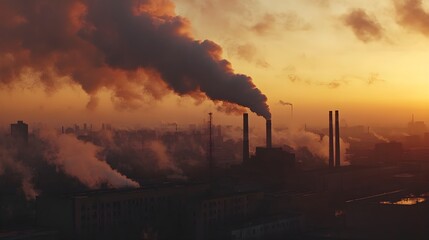 A scene of heavy industrial pollution as dark smoke billows from a factory, blending with the colors of a glowing sunset, highlighting the environmental impact of human activity against the 