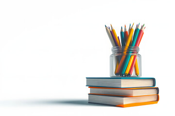 Fototapeta premium Books stacked with a jar of colorful pencils on top, isolated on white background. Concept of education and learning. 3D Rendering