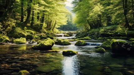 Obraz premium Serene Forest Stream with Sunlit Canopy