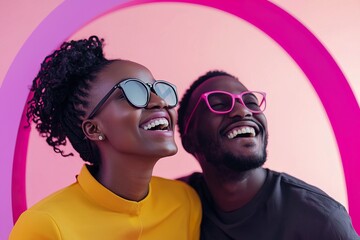 Obraz premium Close-up African-American couple with glasses, he pink and she black sunglasses.