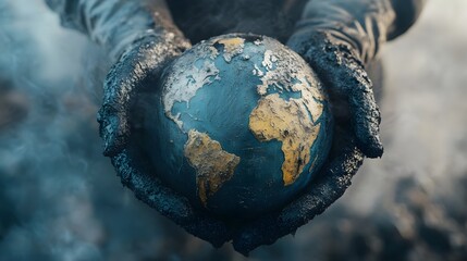 Hands carefully holding a globe coated in thick oil and surrounded by smog, symbolizing the environmental damage caused by fossil fuels on a global scale. 