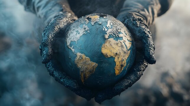 Hands carefully holding a globe coated in thick oil and surrounded by smog, symbolizing the environmental damage caused by fossil fuels on a global scale. 