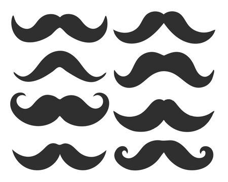Set of unique mustache vector designs in various styles, perfect for vintage or men’s themes.
Classic mustache silhouettes in vector format, featuring handlebar, walrus, and more styles.