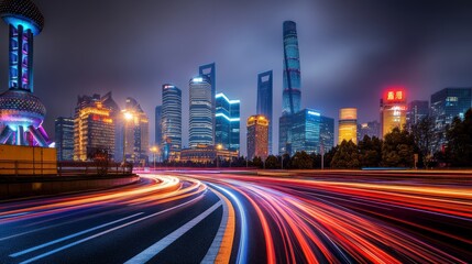 Fototapeta premium Light trails on the urban road in shanghai financial center China.