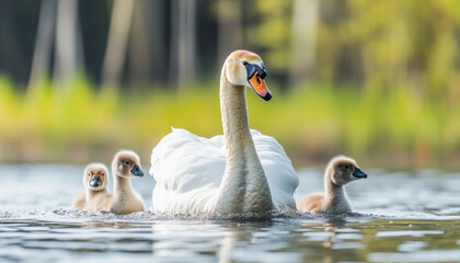 Mute swan and cygnets swimming on lake in spring