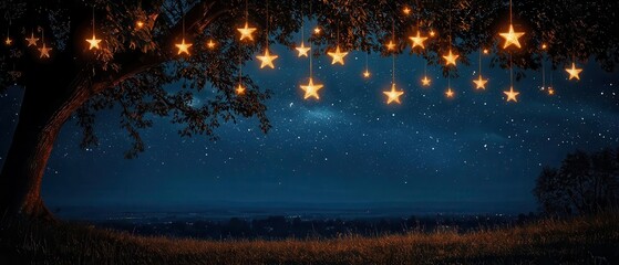 Fototapeta premium A serene night scene featuring a tree adorned with glowing stars, creating a magical ambiance under a dark sky.