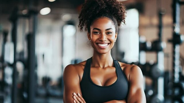 A smiling black woman in athletic wear poses confidently in a modern gym filled with fitness equipment during daytime