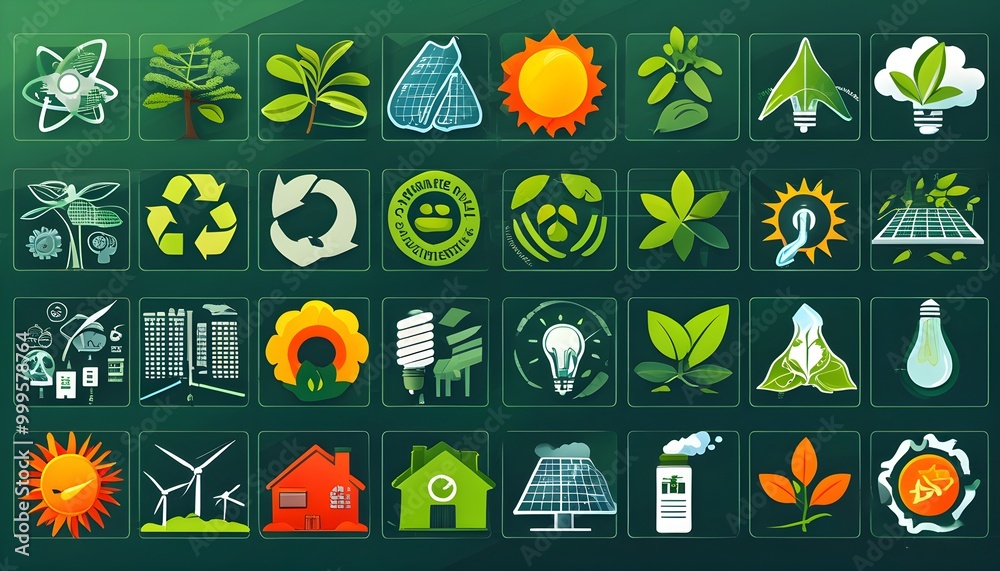 Wall mural icons of energy efficiency showcasing eco-friendly technologies, front view design, emphasizing sust