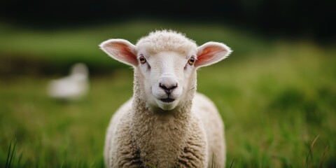 Obraz premium A close-up photograph of a Romney sheep standing near a wetland area in the Romney Marsh