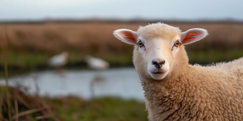 Obraz premium A close-up photograph of a Romney sheep standing near a wetland area in the Romney Marsh