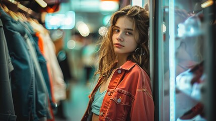 Obraz premium Girl shopping in a stylish urban mall carrying multiple shopping bags, enjoying a retail therapy experience surrounded by modern stores and vibrant city atmosphere.
