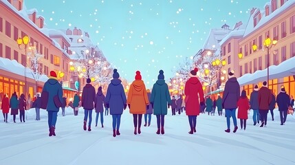 Obraz premium Family bundled up in winter clothes walking through a snowy town square with Christmas lights, cartoon vector style