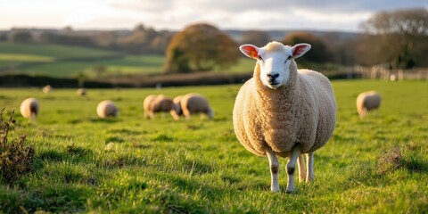 Fototapeta premium Romney sheep grazing in a field in the Cumbrian uplands, sharing the space with native wildlife