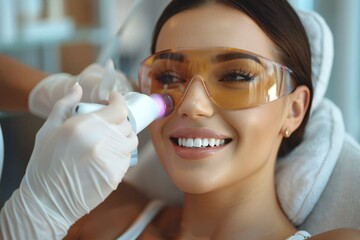 Beautiful young woman smiling and receiving laser epilation treatment at a beauty center while wearing eyeglasses.