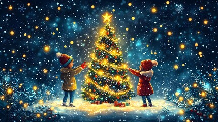 Family decorating a Christmas tree in a snowy front yard, with holiday lights and decorations, cartoon vector style