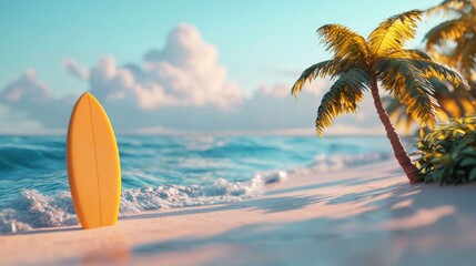 3D beach with a tiny surfboard leaning against the sand