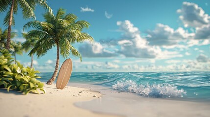 3D beach with a tiny surfboard leaning against the sand