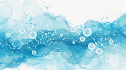 Abstract representation of chemical reactions and molecular structures in blue tones with bubbles and flowing shapes