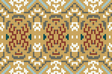 Pixel Ethnic Ikat Design Patternfolk Embroidery, Aztec Geometric Ornament Print. Design for Carpet, Wallpaper, Clothing, Wrapping, Fabric