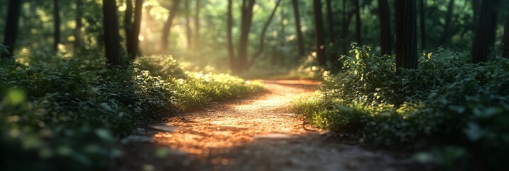 Fototapeta premium Sunlit Forest Path, a serene winding trail surrounded by softly blurred greenery, inviting exploration and tranquility in nature's embrace