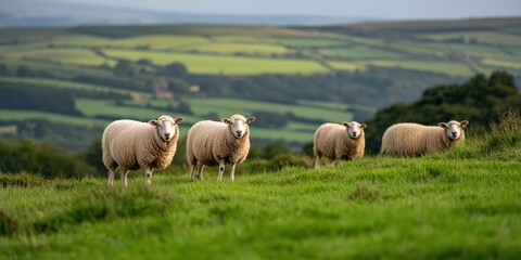 Obraz premium A vibrant photograph of Romney sheep grazing on a managed upland grassland in Cumbria