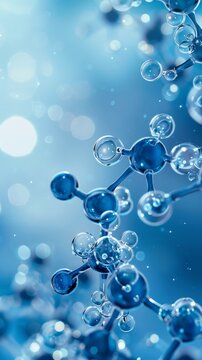Close-up of blue molecular structures with bubbles in an abstract background highlighting chemical reactions and interactions