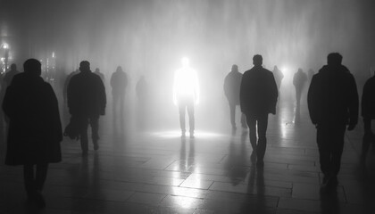 People walking towards glowing man in fog surreal black and white