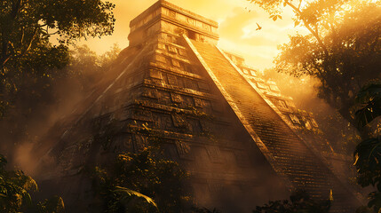 Generative AI, Majestic Aztec Pyramid Illuminated by Golden Light in the Jungle