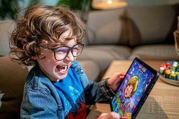 1. Beautiful child with glasses smiling and laughing while playing a game on a digital tablet. 2. Beautiful boy wearing glasses, happily engrossed in a game on his digital tablet