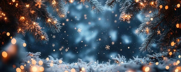 A serene winter scene with snowflakes falling amidst illuminated fir branches, creating a magical holiday atmosphere.