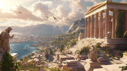 Generative AI, Ancient Greek Acropolis with Towering Marble Columns Overlooking the Mediterranean