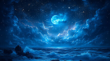 Night sky with blue moon in clouds.