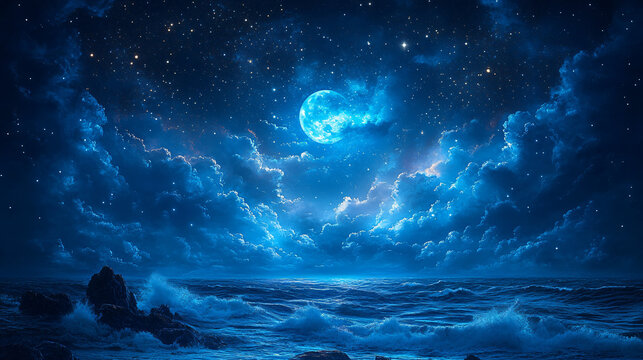 Night sky with blue moon in clouds.