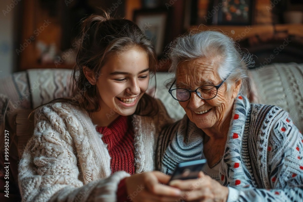 Wall mural the beautiful young woman is smiling and laughing while teaching her beautiful grandmother, who is w