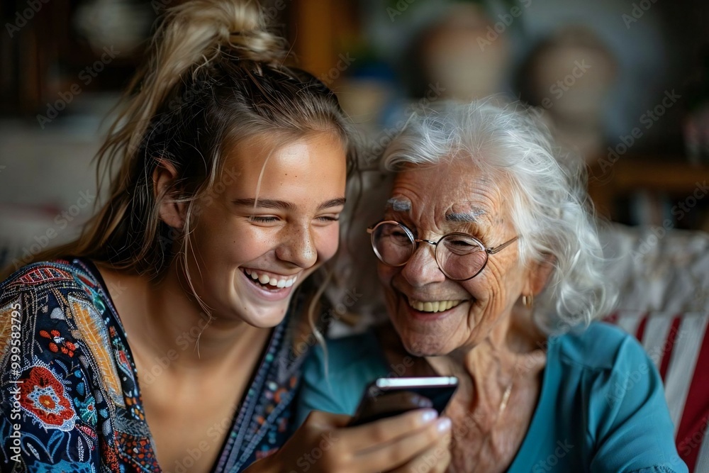 Wall mural the beautiful young woman is smiling and laughing while teaching her beautiful grandmother, who is w