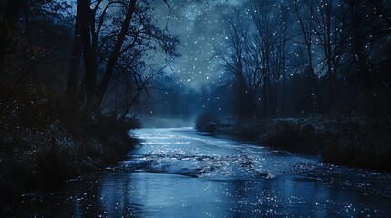 Still river winds through a dark forest under a starry night sky. Snow falls softly and creates a magical atmosphere. The river's reflection sparkles with light.