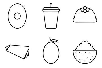 Set line Tea bag, Scrambled egg, Taco with tortilla, Coffee cup go, Sauce bottle, Plum fruit, Food ordering on mobile and Chicken leg icon. Vector