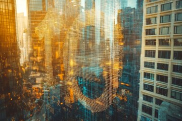 Obraz premium Virtual EURO symbols sketch on Los Angeles office buildings background, strategy and forecast concept. Multiexposure .generative ai