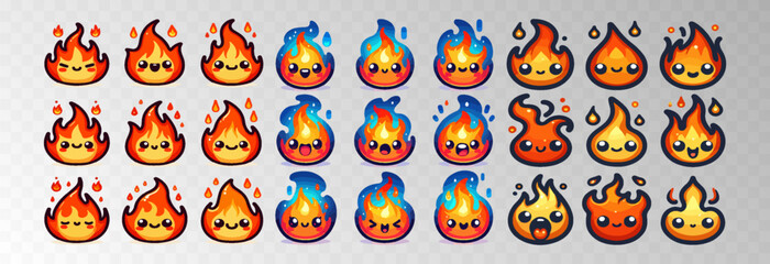 Set of fire cartoon character vector illustration on transparent png background.