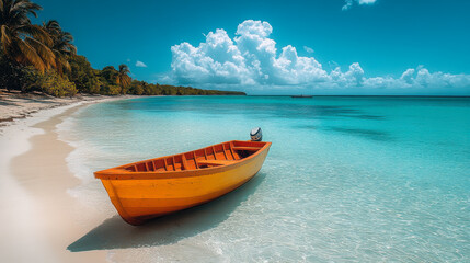 Naklejka premium A bright yellow boat rests on the tranquil shores of a pristine beach under a vivid blue sky with fluffy clouds