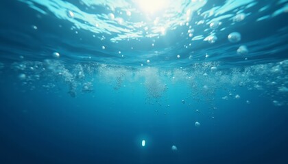 A stunning underwater view in the deep ocean, with bubbles rising towards the surface and sunlight filtering through the water, creating a peaceful and serene atmosphere.