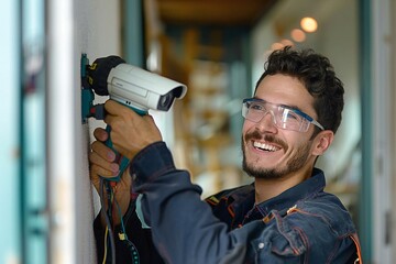 The beautiful young male technician, wearing eyeglasses, is smiling and laughing as he installs a camera on the wall using an electric cordless drill.