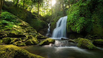 Naklejka premium A cascading waterfall deep within a lush forest, with moss-covered rocks and soft sunlight filtering through the trees