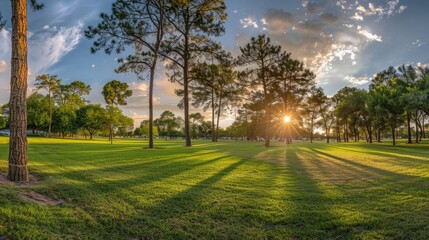 A serene scene of sunset behind trees in a park, perfect for nature and outdoor themed projects