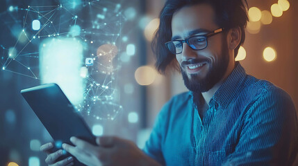 A smiling man with long hair and glasses looks at a tablet with a glowing, connected network behind him.