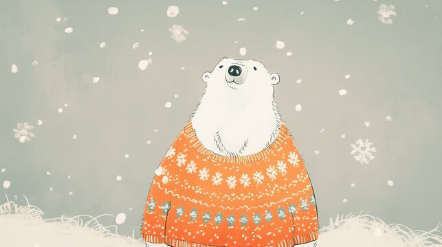 Charming polar bear wearing orange patterned sweater against snowy gray background. Whimsical winter scene with falling snowflakes. Cozy and festive mood with cute character design. 